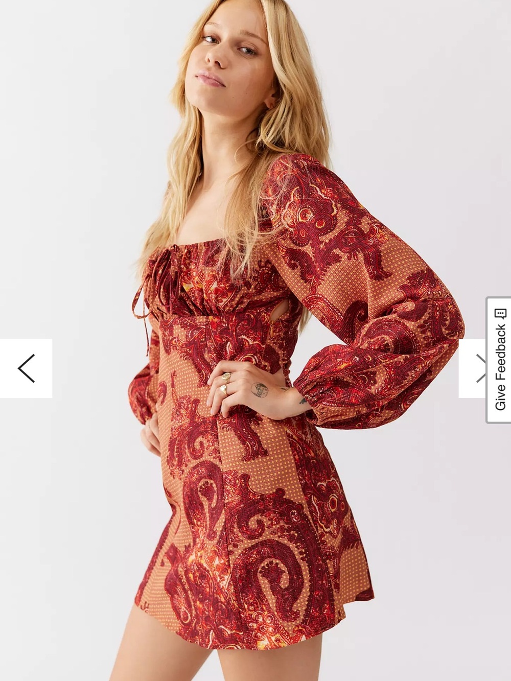 Urban Outfitters Vivienne Paisley Printed Rust Long Sleeve Mini Dress, size xs